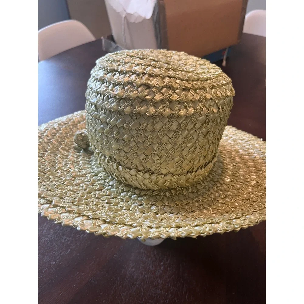 Adolfo II Sun Hat Womens OS Green Excellent Vintage Woven Straw Bow Charm Box